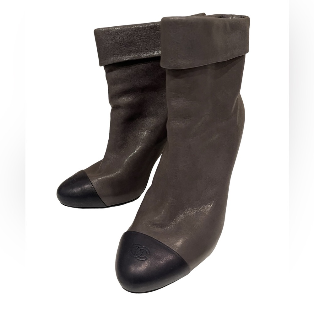 Chanel CC Cap Toe Lambskin Leather Heel Boots
